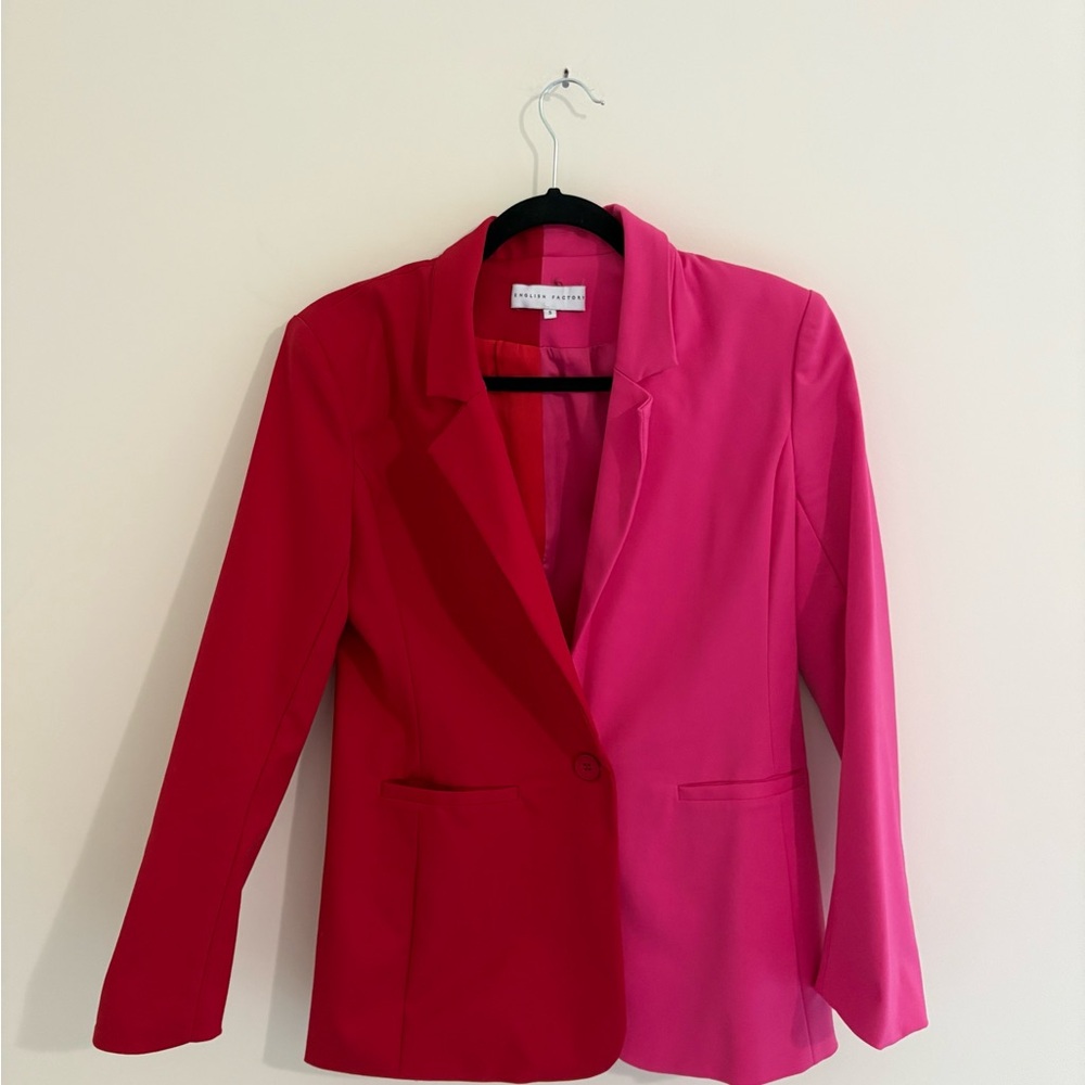 Stylish English Factory Color-Block/Two-Tone Pink & Red Blazer - Picture 2 of 6